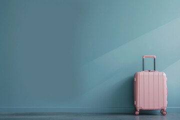 a pink suitcase is leaning against a blue wall - 737689221