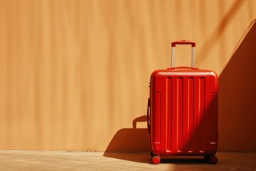 a red suitcase is sitting in front of a wall - 737689468
