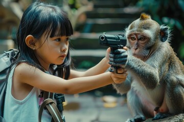 A school girl holding a toy gun aims at a monkey to protect herself from the monkey taking her snacks.