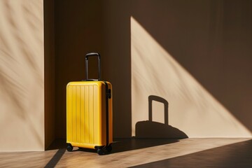 a yellow suitcase is sitting in a room next to a wall - 737689817