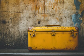 a yellow suitcase is sitting on a table in front of a concrete wall - 737690217