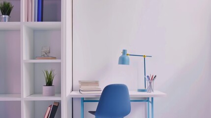 Minimalist Study Corner with White Desk and Blue Chair AI Generated.