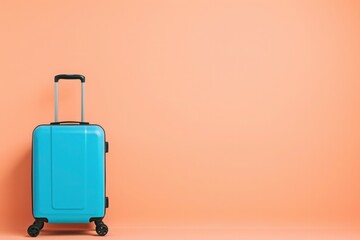 a blue suitcase is sitting on a pink background - 737690438
