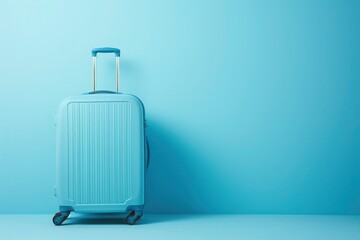 a blue suitcase is sitting in front of a blue wall - 737690603