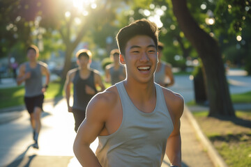 young asian man jogging running in a park trees with friends student muscular guy happy bright smile wearing tank top summer friendship cheerful joyful candid authentic spontaneous training sport boy