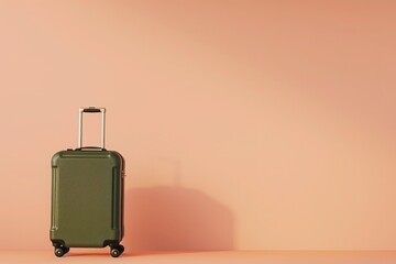 a green suitcase is sitting in front of a pink wall - 737690656