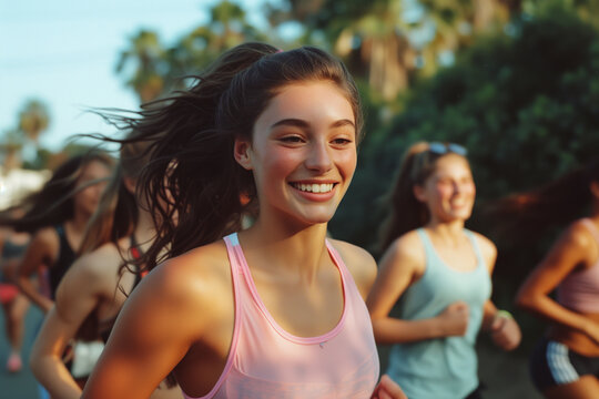 group of young women jogging running on a road near trees friends students girls happy bright smile wearing tank tops summer friendship cheerful joyful candid authentic spontaneous training sport