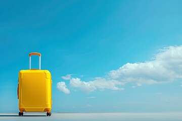 a yellow suitcase is standing in front of a blue sky with clouds