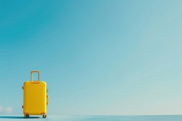 A yellow suitcase rests on the sandy beach against an electric blue sky