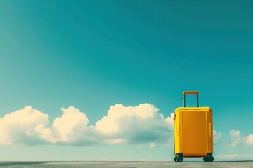 a yellow suitcase is sitting on the ground in front of a blue sky with clouds - 737690865