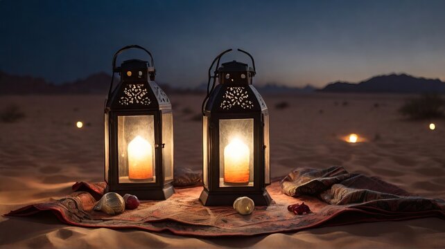 lantern in the night on desert prayer mats with cinematic film lighting