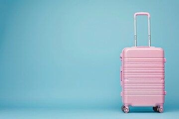 a pink suitcase is sitting on a blue background - 737691014