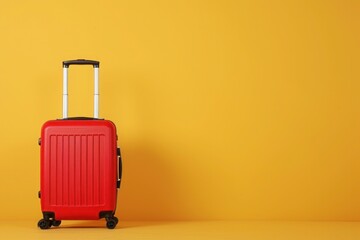 a red suitcase is sitting on a yellow background - 737691277