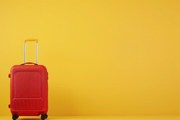 a red suitcase is sitting in front of a yellow wall - 737691288