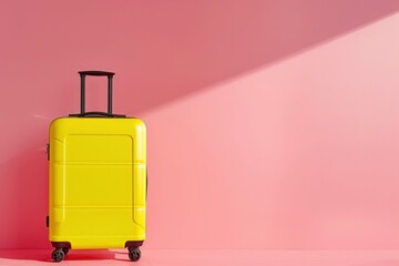 A rectangle yellow suitcase contrasts with a magenta wall - 737691413