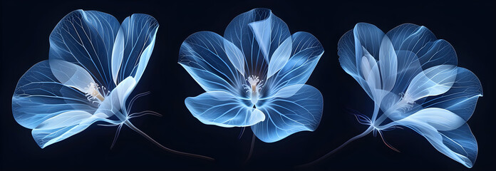 Realistic x-ray illustrations of blue flower petal on dark background, concept of checking health, wellness, growing plants, botany. - obrazy, fototapety, plakaty
