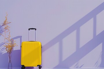 a yellow suitcase is leaning against a purple wall next to a vase of flowers - 737691458