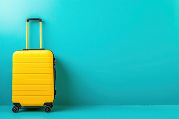 a yellow suitcase is sitting in front of a blue wall
