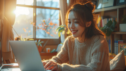 Female worker sitting using laptop at home, home working concept