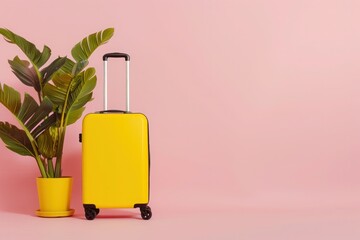 a yellow suitcase and a potted plant on a pink background - 737691496