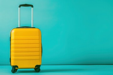 a yellow suitcase is sitting on a blue surface