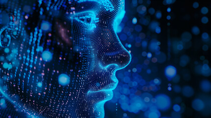 modern futuristic artificial intelligence, cyborg face, humanoid AI face, cyber tech background, digital human, AI wallpaper, glowing binary code in shape of human face 