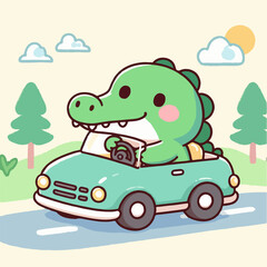 Cute crocodile driving a car. Cartoon character mascot for children book, sticker, doodle. Crocodile driving mascot template