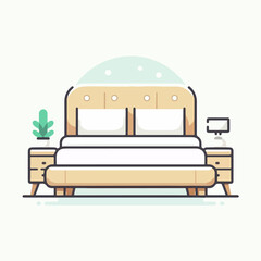 flat design illustration of minimalist bed with table and plant decoration. Design for furniture, interior, home decoration
