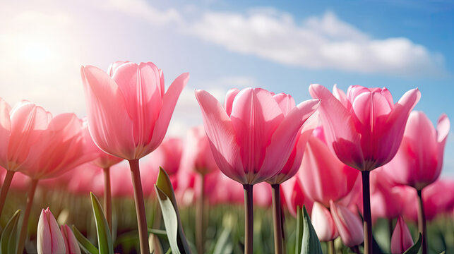 Pink Tulip Flowers Field Against Blue Spring Sky. Close up Vibrant Springtime Scene