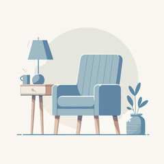 flat design illustration of minimalist chair with plant decoration and decorative lamp. Design for furniture, interior, home decoration