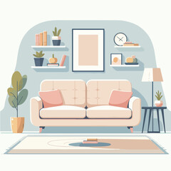 minimalist home interior decoration illustration with sofa, houseplants, photo frame, wall shelf illustration
