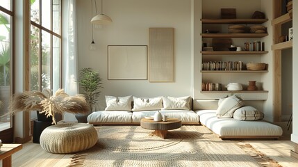 Serene Japandi living room minimalist Scandi decor boho accents in soft neutral tones cozy and stylish - obrazy, fototapety, plakaty