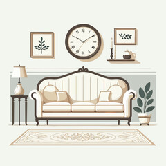 flat design illustration of classic luxury home decor with sofa, lamp, houseplant, and wall decoration