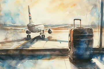 a watercolor painting of an airplane and a suitcase at an airport - 737693672