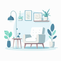 flat design illustration of minimalist decor with single seat sofa chair, small table, aesthetic houseplants, unique lamp, and wall decoration