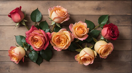 Background of roses on a wooden table seen from above. Rose flower background