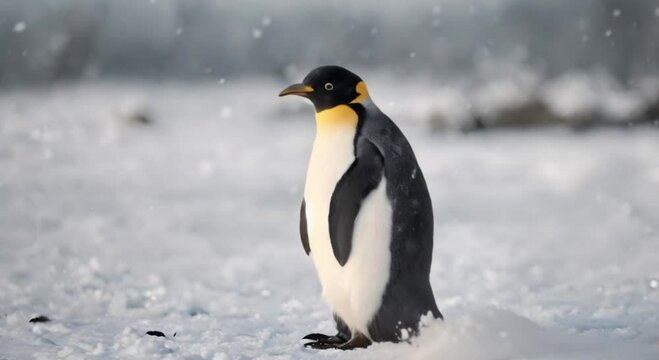 penguin standing in the middle of winter snowfall