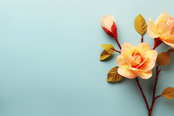 3D Yellow Rose Flower Petals on Tree Branch Against Blue Background. Concept for Valentine's Day, Mother's Day, Women's Day