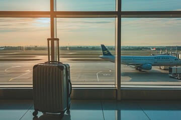 a suitcase is sitting in front of a window at an airport - 737694297
