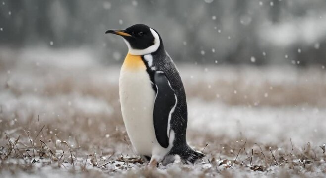 penguin standing in the middle of winter snowfall