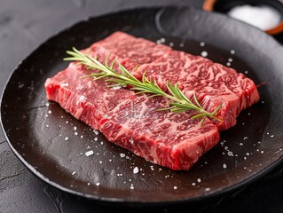 Raw fresh beef steak with rosemary and sea salt on a black plate