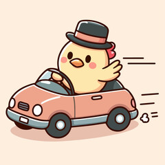 Cute chicken driving a car. Cartoon character mascot for children book, sticker, doodle. Chicken driving mascot template