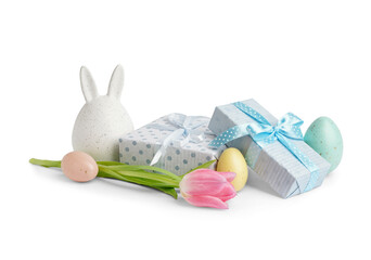 Easter eggs, bunny figure, tulip and gifts on white background