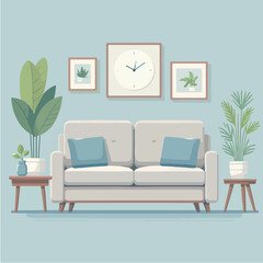 flat design illustration of simple minimalist living room decor with sofa, decorative plants, cute wall decoration