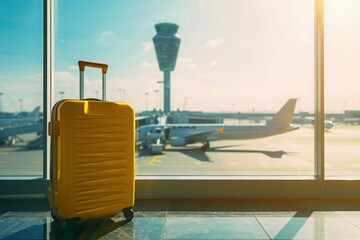 a yellow suitcase is sitting in front of a window at an airport - 737695254