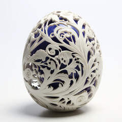 Intricately Carved White Decorative Egg on a Plain Background

