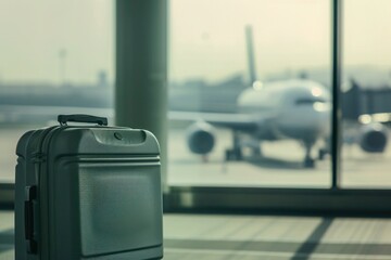 A suitcase rests on a table at the airport with an airplane in the sky - 737695296