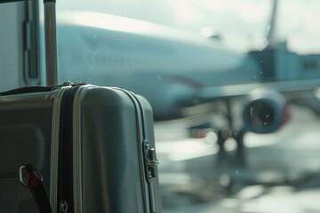 a suitcase is sitting in front of an airplane at an airport - 737695418