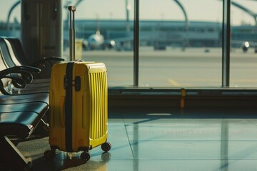 a yellow suitcase is sitting in an airport waiting area - 737695619