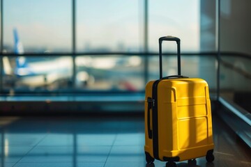 a yellow suitcase is sitting in an airport terminal - obrazy, fototapety, plakaty